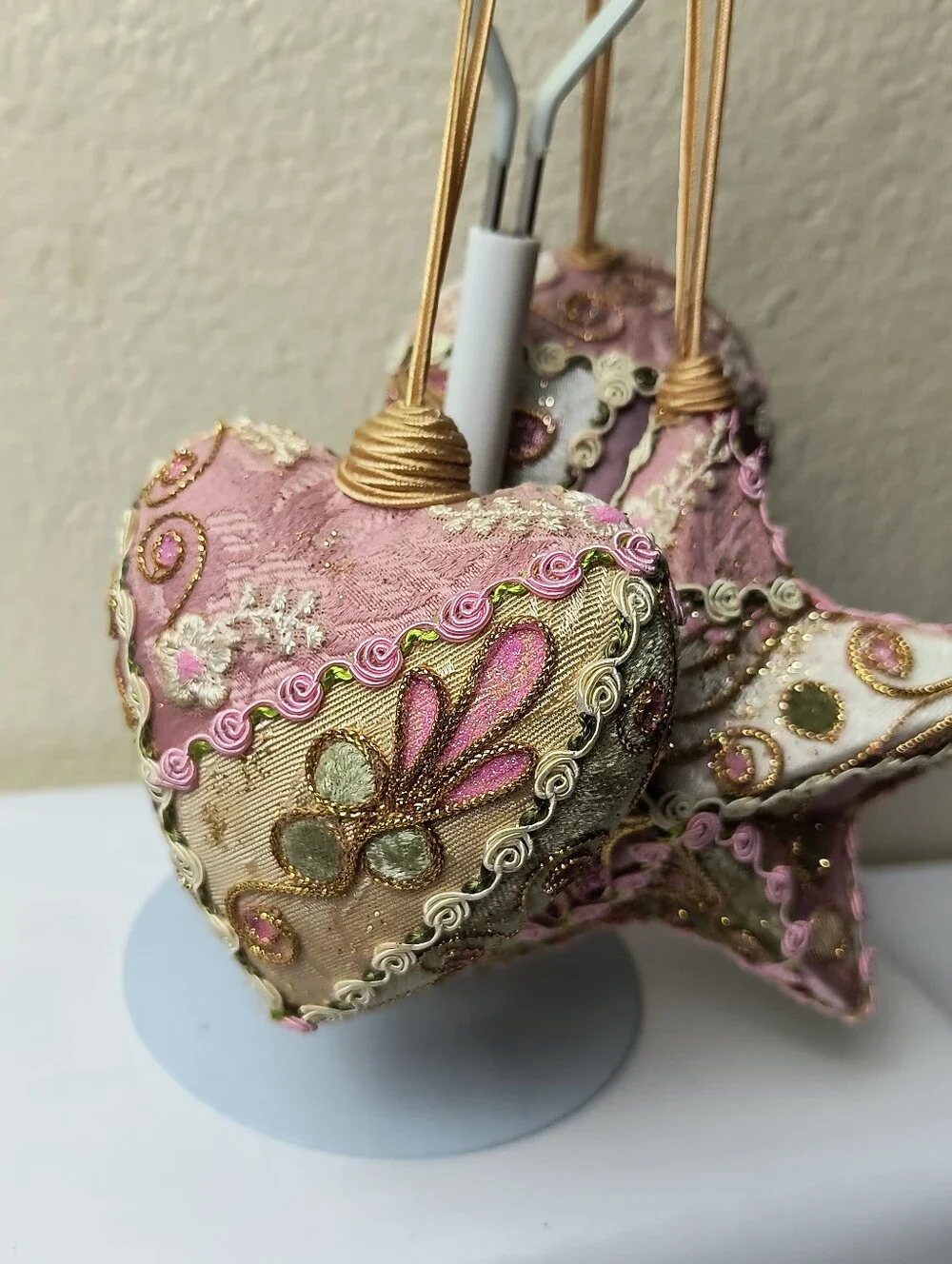 Decorative Pink and Gold Holiday Ornament Trio - Star, Heart & Ball